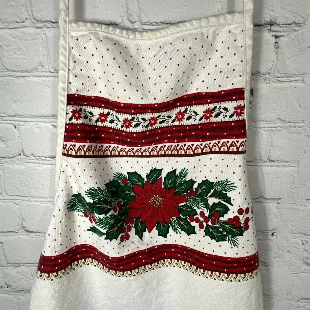 Vintage Christmas‎ Apron Poinsettia Holly Border Butcher Holiday Baking